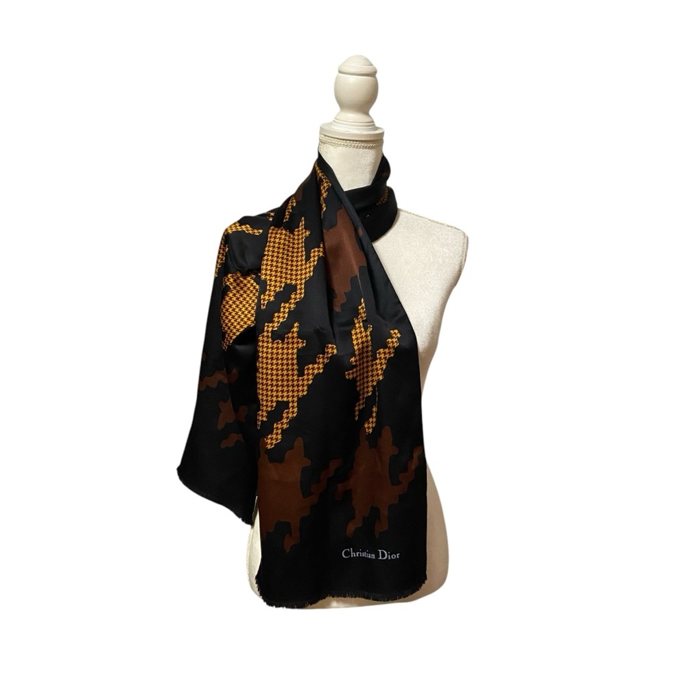 CHRISTIAN DIOR Silk Scarf Printed Pattern Black & Gold Vintage